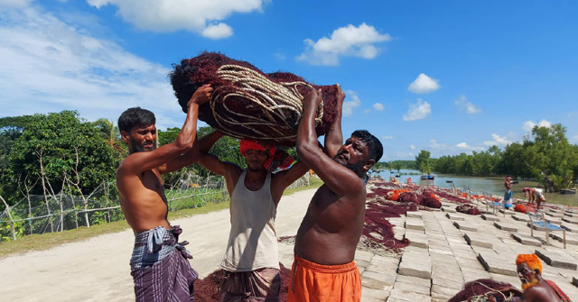 পাথরঘাটায় জাল মেরামতে ও শুকাতে ব্যস্ত জেলেরা